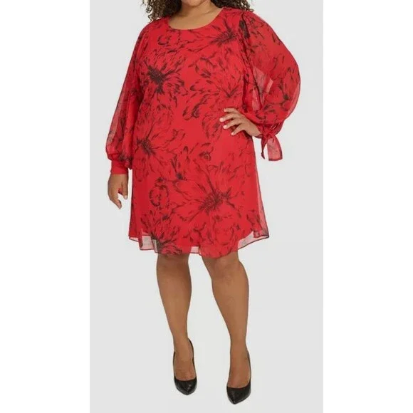 Calvin Klein | Dresses | Calvin Klein Womens Red Floralprint Tiecuff ...